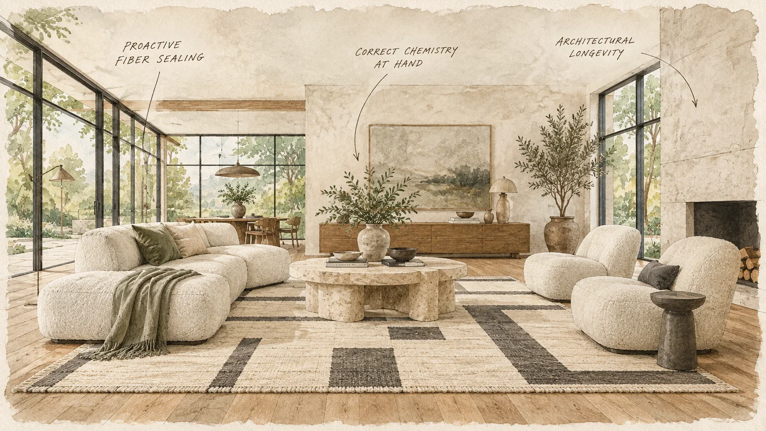 Watercolor illustration of a modern living room with boucle sofas, a geometric rug, large windows, and diagram notes.