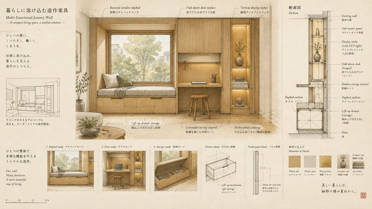 Architectural sketch of built-in wood joinery featuring a window daybed, fold-down desk, drawers, and section diagrams.