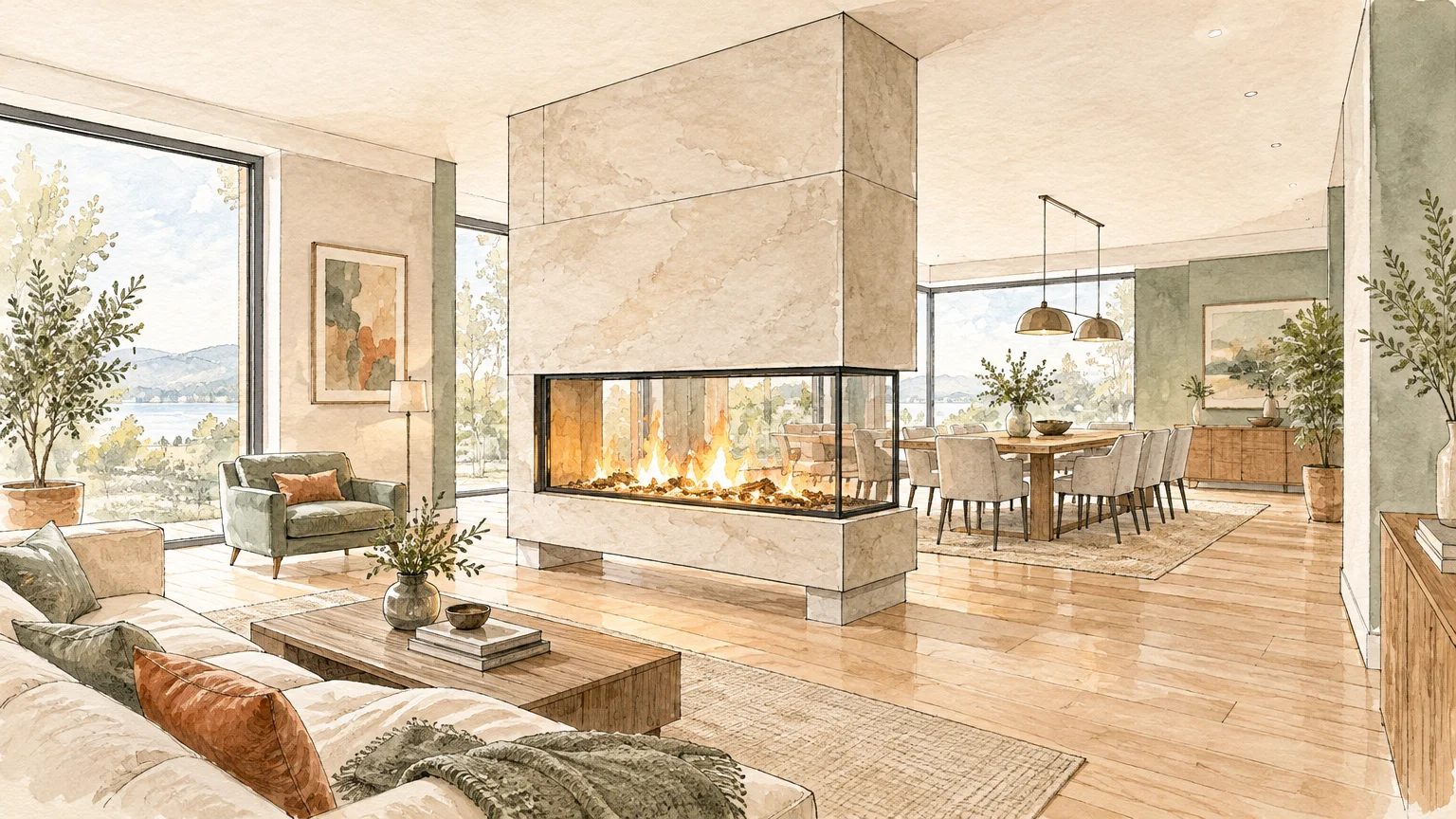 Watercolor illustration of a modern see-through fireplace dividing an open living room and dining room.
