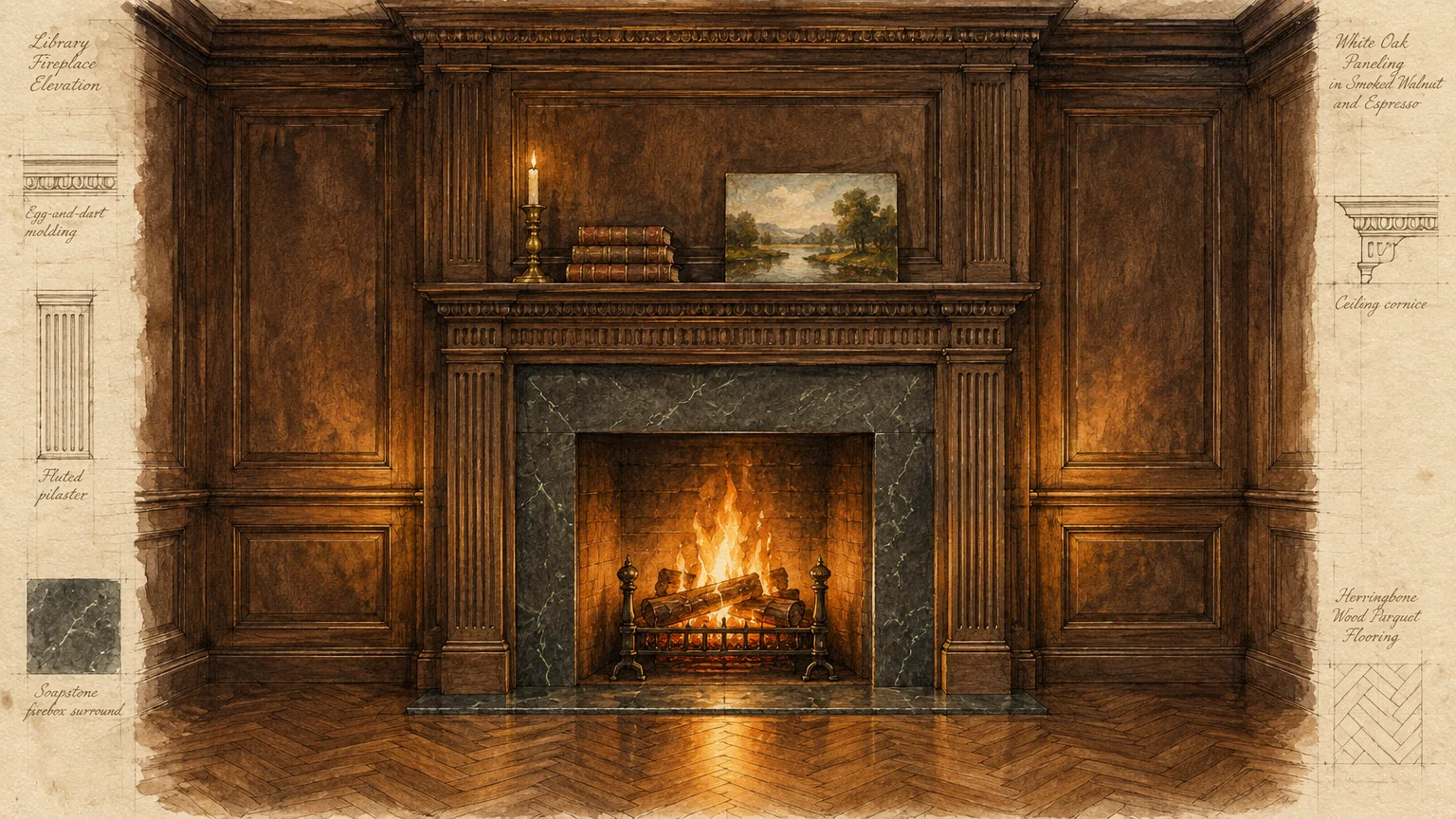 Architectural watercolor sketch of a dark wood paneled fireplace with a roaring fire and detailed trim diagrams.