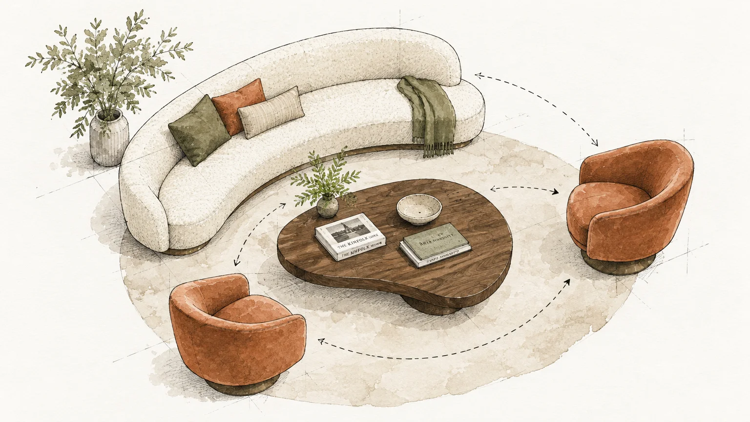 Architectural sketch of a curved cream sofa, walnut coffee table, and two terracotta swivel chairs arranged in a circle.