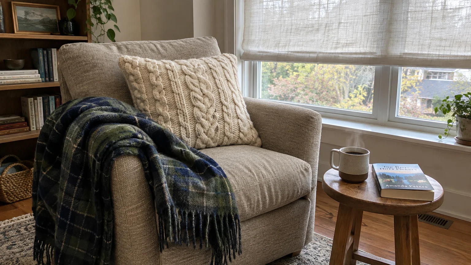 Cozy armchair by a window with a cable-knit pillow, plaid blanket, and steaming mug with a book on a side stool.