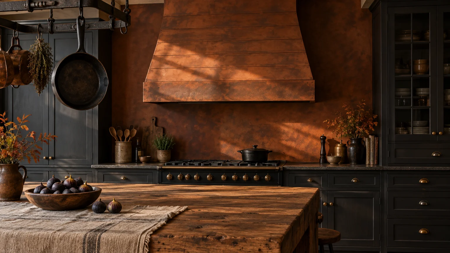 Rustic kitchen with dark cabinets, a wooden island, copper range hood, and a textured rust-colored accent wall.