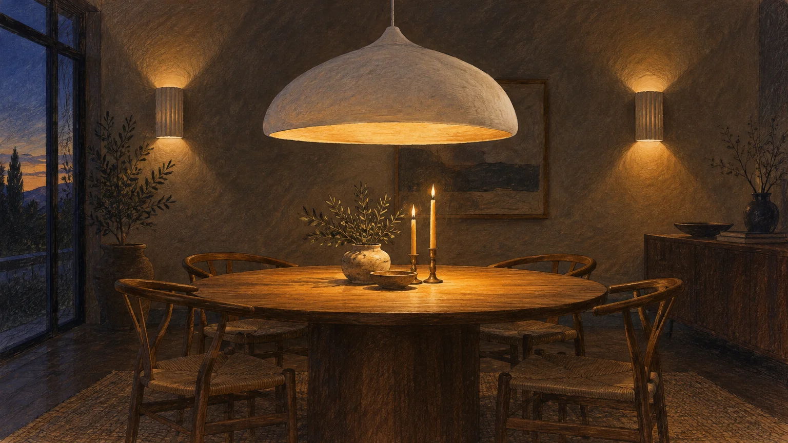 Illustration of a round wooden dining table under a large dome pendant lamp, flanked by glowing wall sconces and candles.