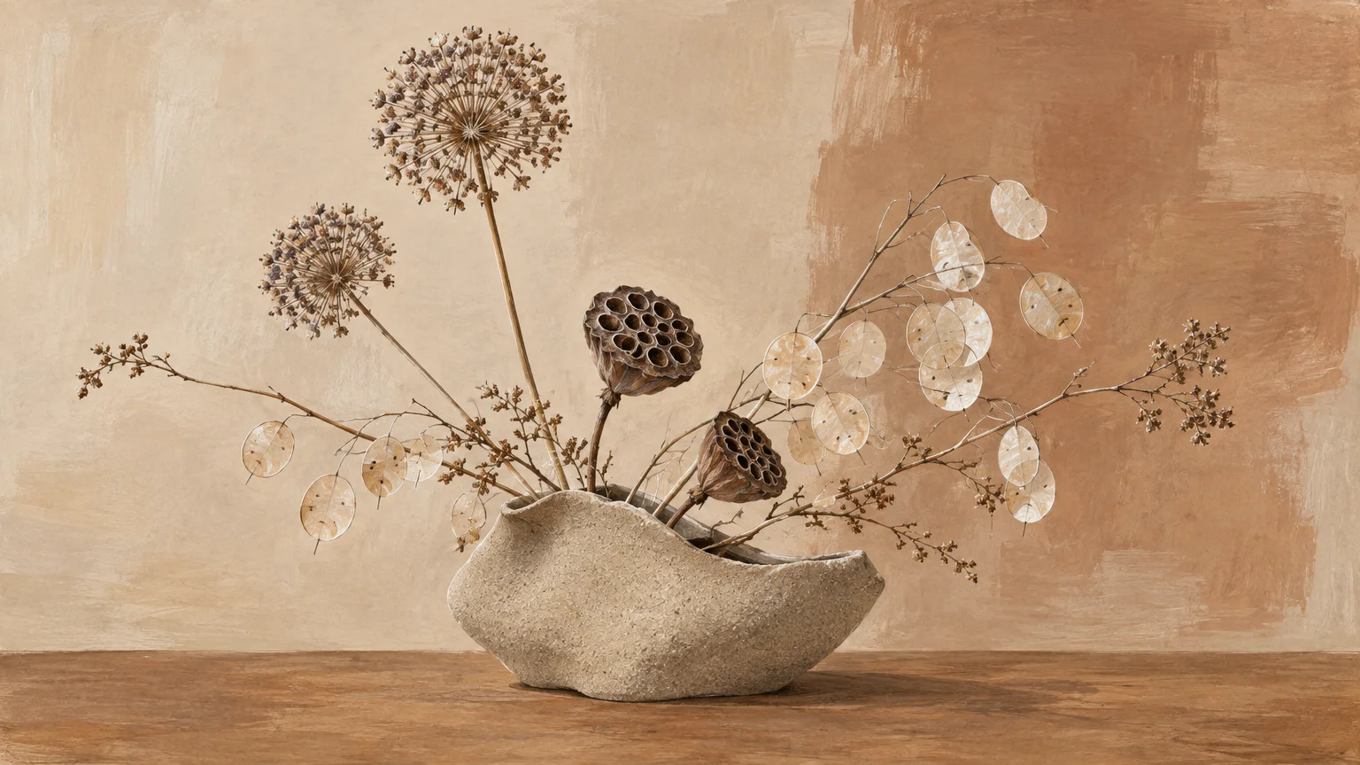 Textured stone vessel holding dried allium heads, lotus pods, and honesty seed pods against a warm painted background.