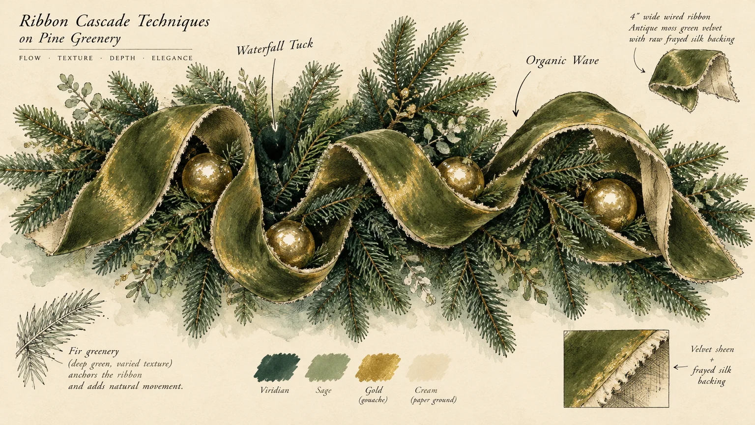 Gouache botanical diagram of an olive green velvet ribbon weaving through pine branches and gold ornaments with technique notes.