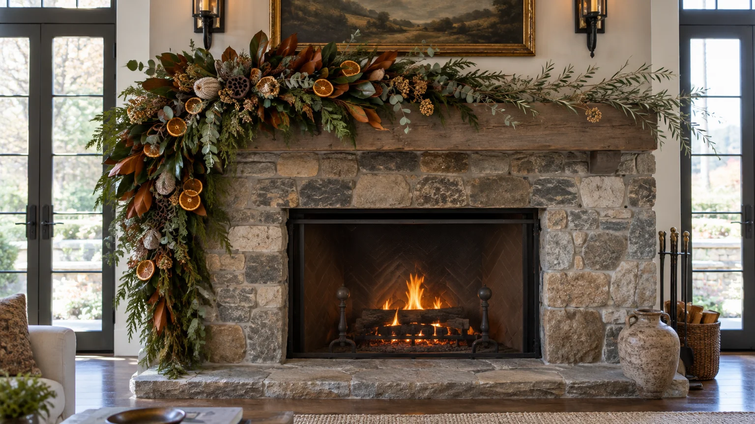 Asymmetrical botanical garland with dried citrus and greenery draped over a stone fireplace mantel with a lit fire.
