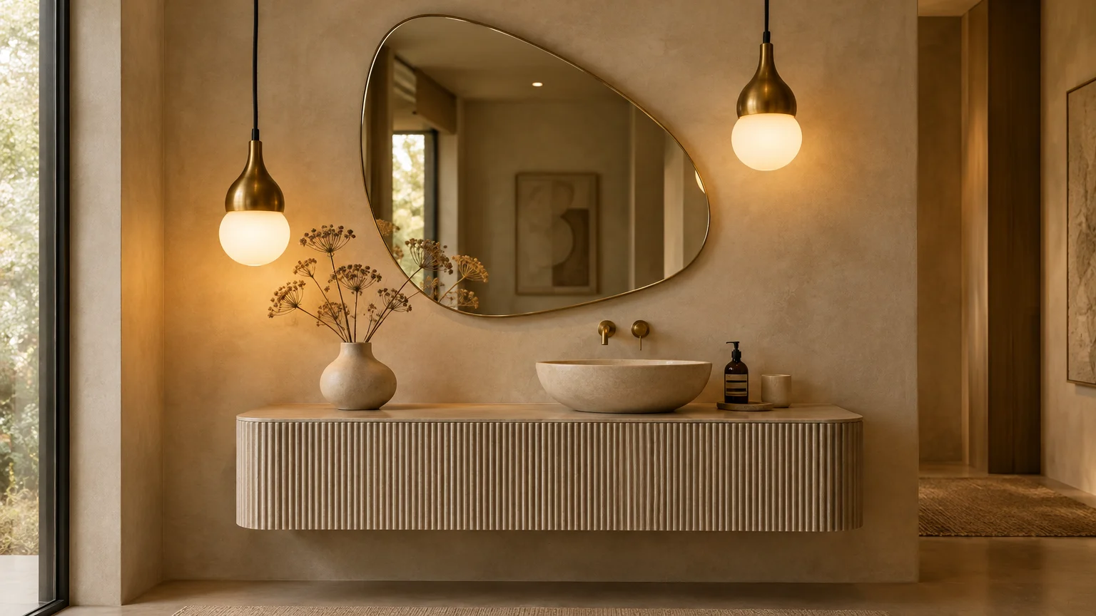 Asymmetrical mirror flanked by two brass globe pendants above a fluted floating vanity with a vessel sink.