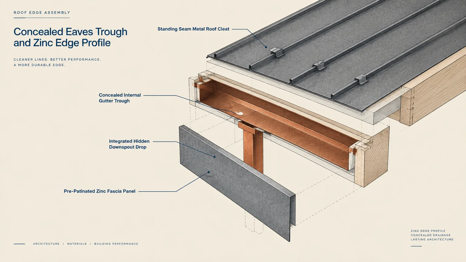 Architectural diagram showing an exploded cutaway of a concealed internal gutter trough and zinc fascia panel.