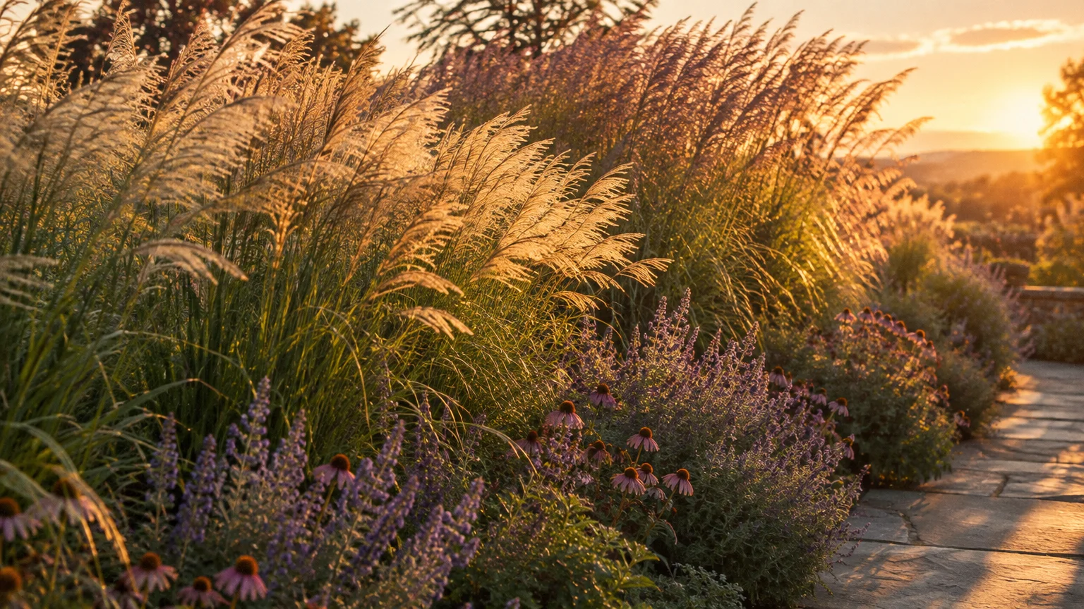 Tall ornamental grasses, lavender flowers, and coneflowers border a stone walkway illuminated by sunset.
