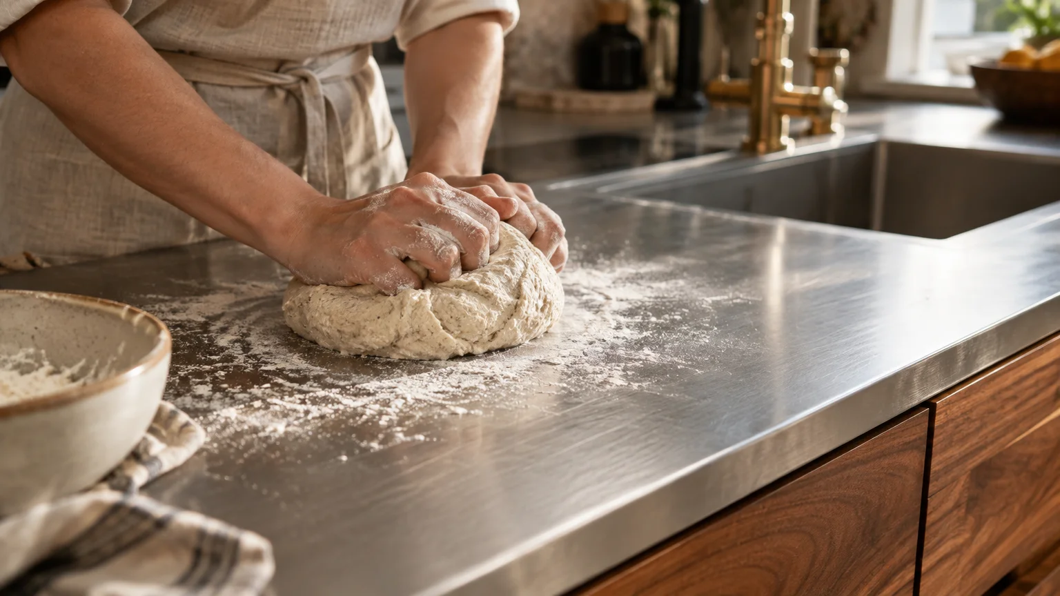 Person in an apron kneading bread dough on a stainless steel kitchen countertop next to a sink with a brass faucet.