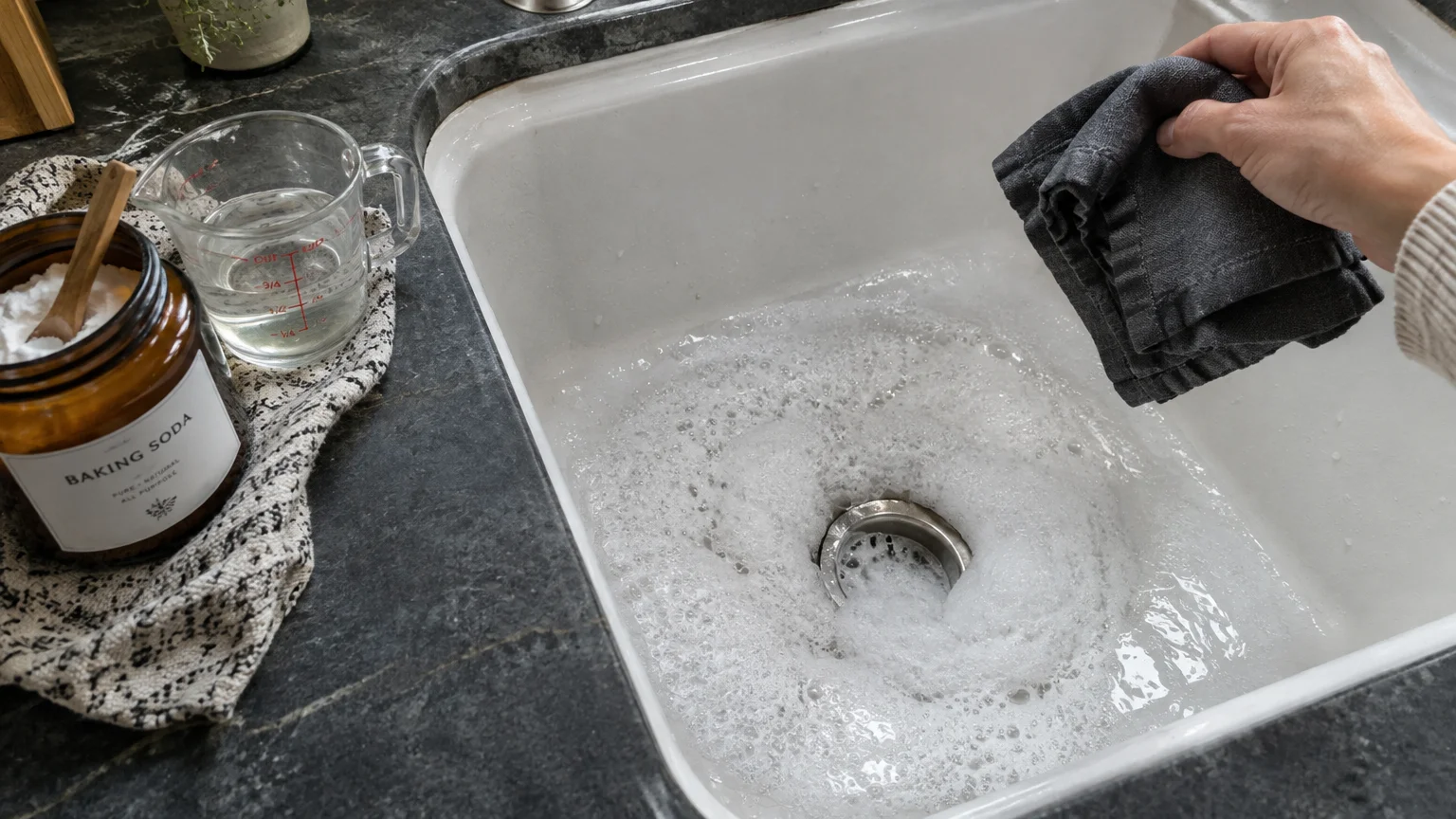 A hand holding a cloth over a foamy white kitchen sink beside a jar of baking soda and measuring cup of vinegar.