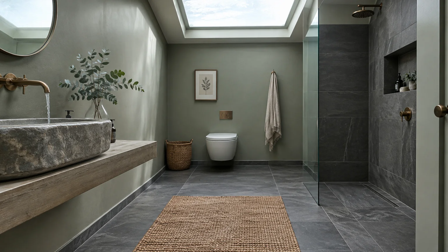 Bathroom with sage green walls, charcoal slate tiles, stone vessel sink, skylight, and walk-in shower with glass partition.