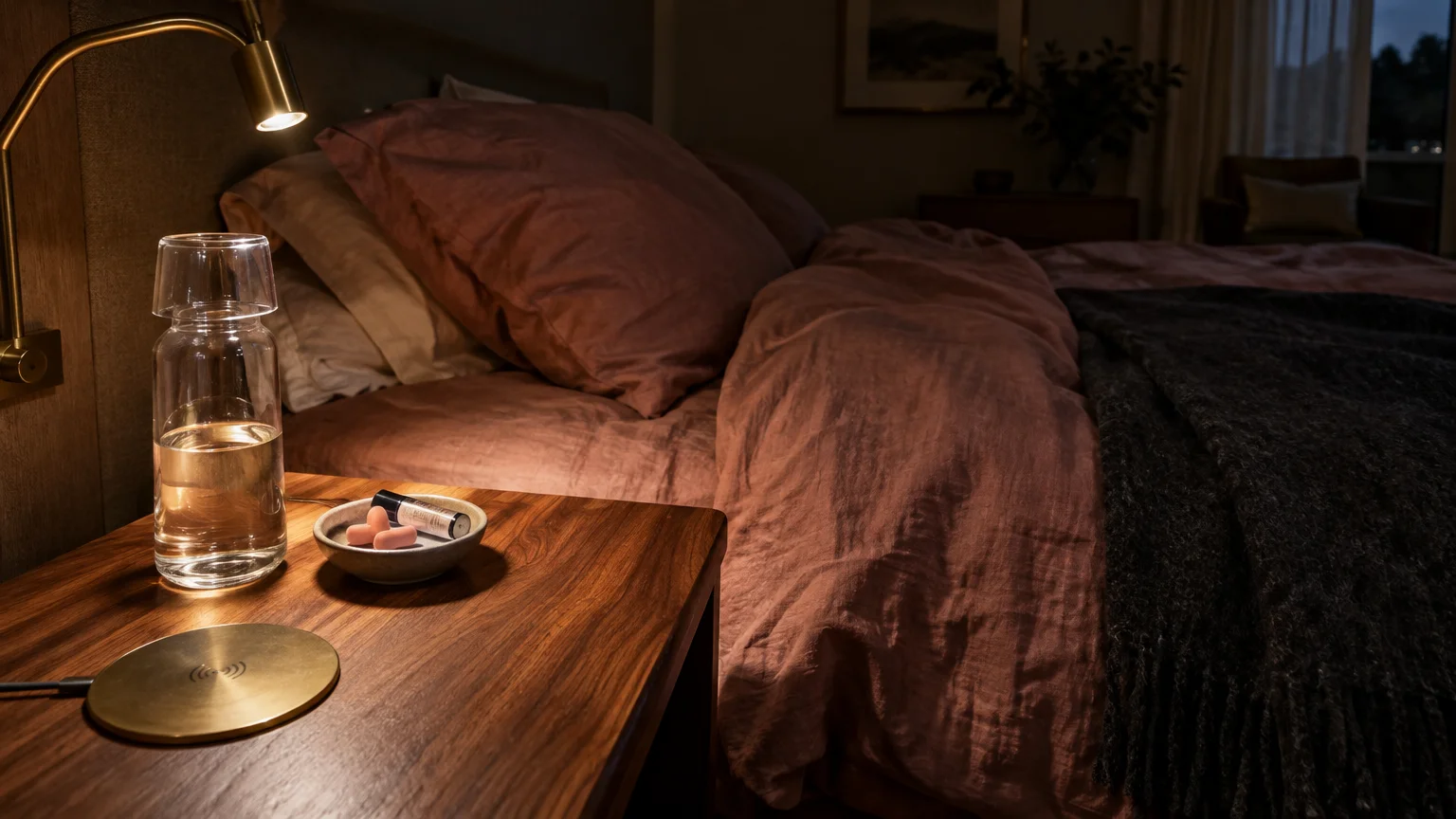 Wooden bedside table with a brass lamp, water carafe, and wireless charging pad next to a bed dressed in pink linen.