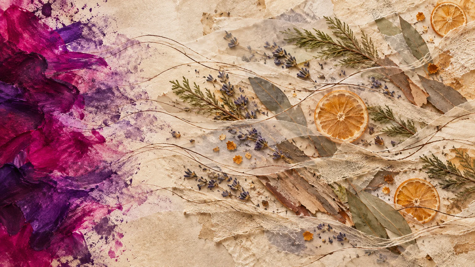 Mixed media collage showing purple paint splashes flowing into dried botanical elements, citrus slices, and textured paper.