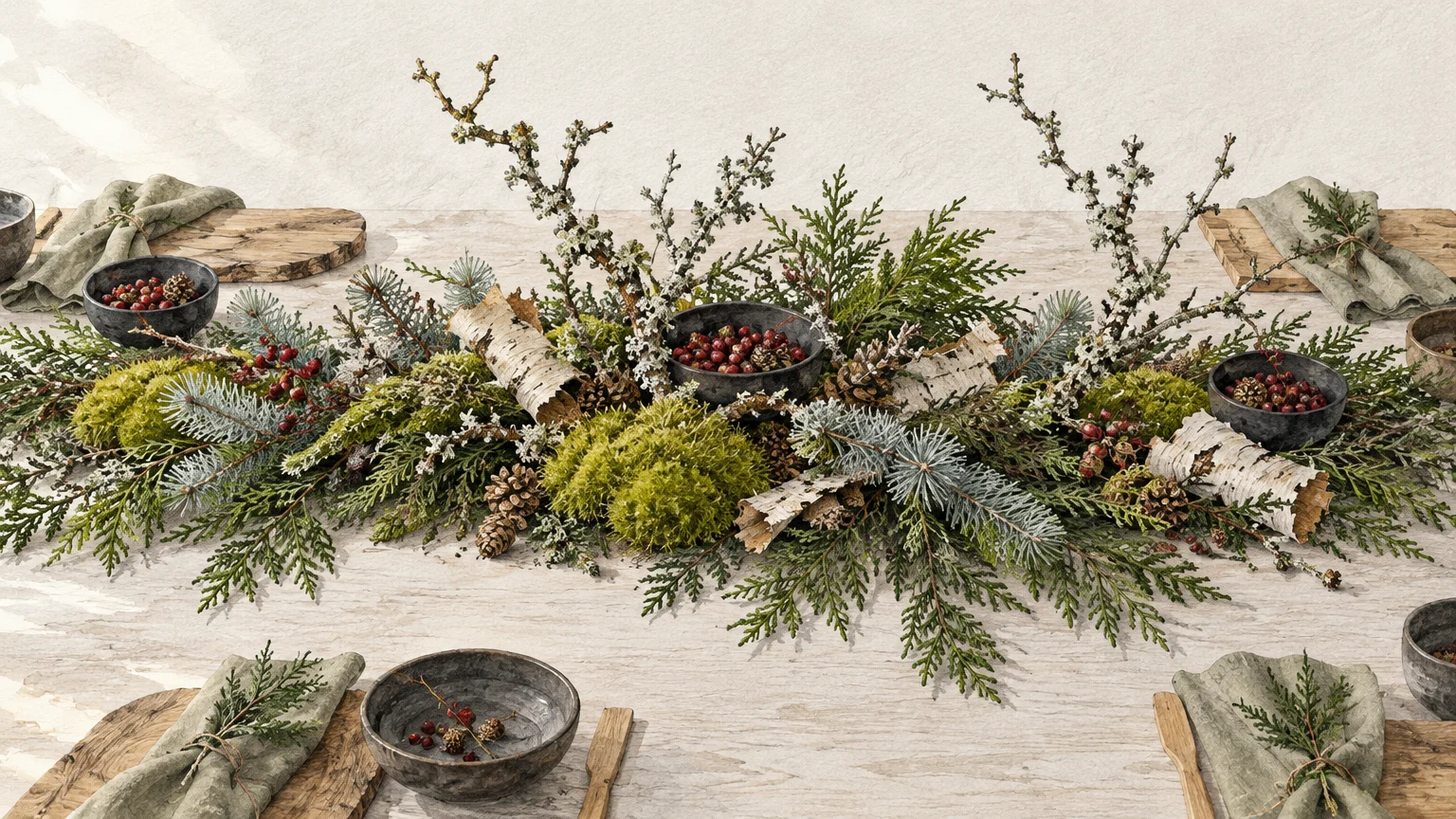 Table centerpiece with evergreen boughs, moss, birch bark, berries in dark bowls, and sage napkins on wood place settings.