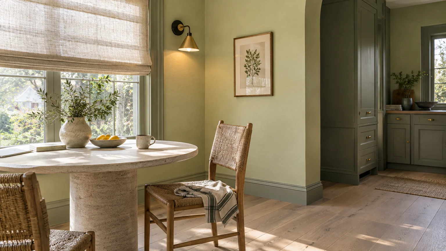Round stone table and woven wood chairs beside a window in a dining nook with pale green walls and a brass wall sconce.