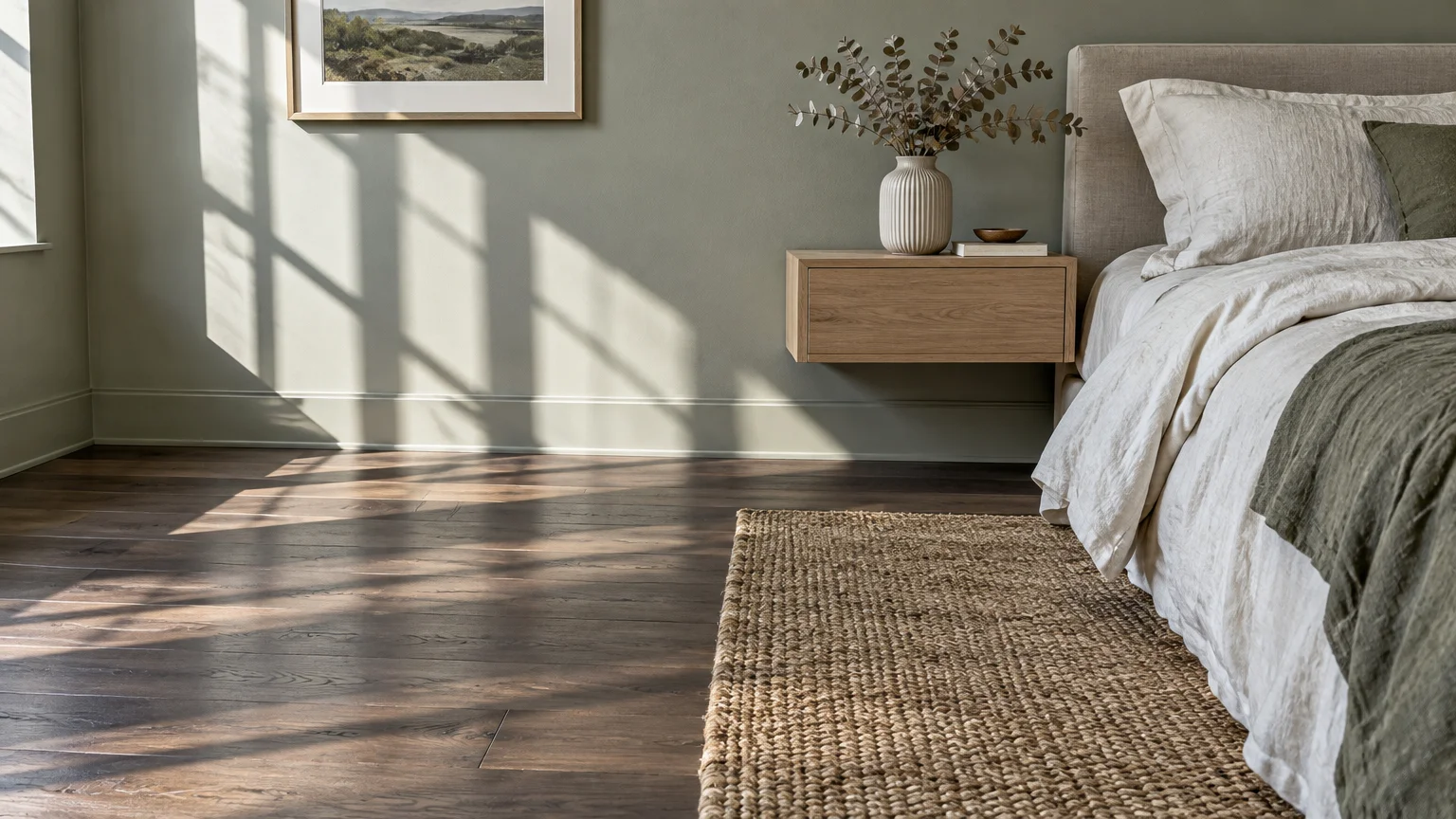 Dark hardwood floor beside a woven jute rug and a bed next to a floating wooden nightstand and sage green wall.
