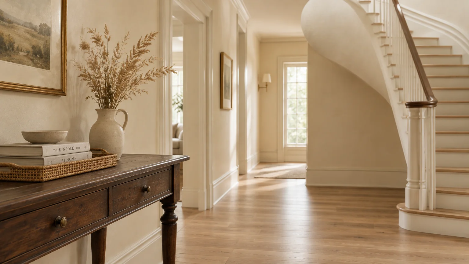 Entry hall featuring warm alabaster walls, a curved staircase, hardwood floors, and a wooden console table.
