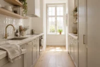 Narrow galley kitchen with light beige cabinets, brass hardware, open wood shelves, and a bright window at the far end.