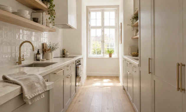 Narrow galley kitchen with light beige cabinets, brass hardware, open wood shelves, and a bright window at the far end.