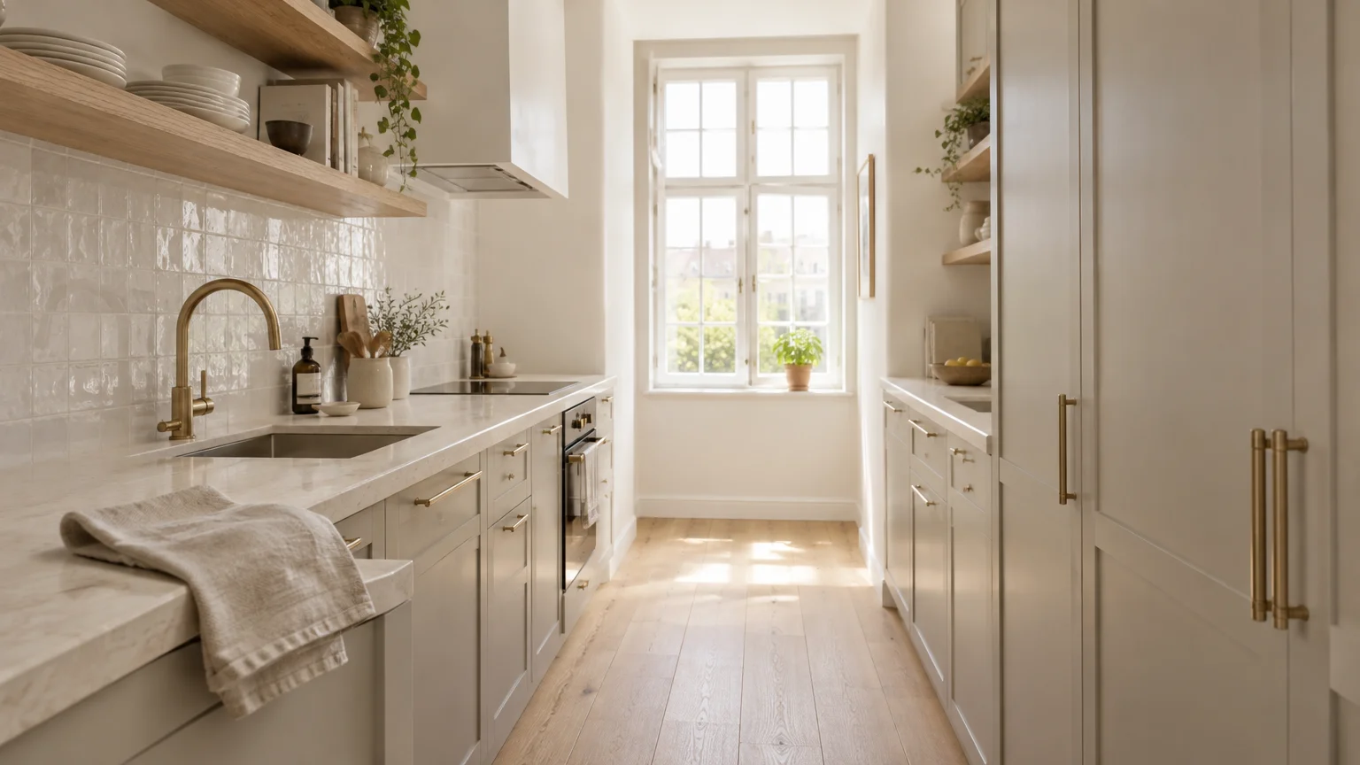 Narrow galley kitchen with light beige cabinets, brass hardware, open wood shelves, and a bright window at the far end.