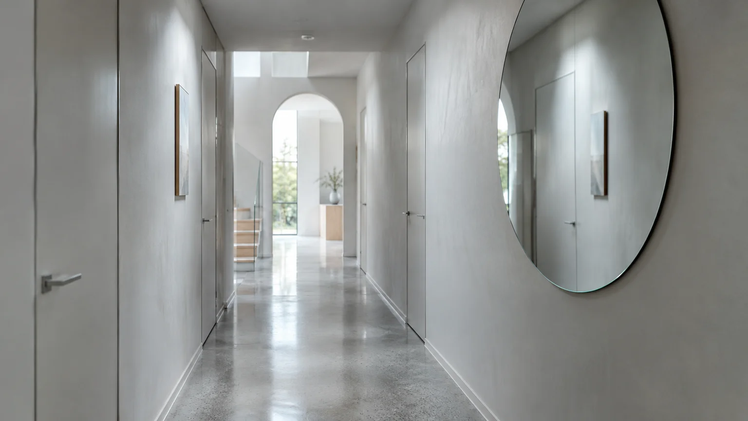 Long minimalist gray hallway with polished concrete floors, flush doors, an arched doorway, and a large round wall mirror.