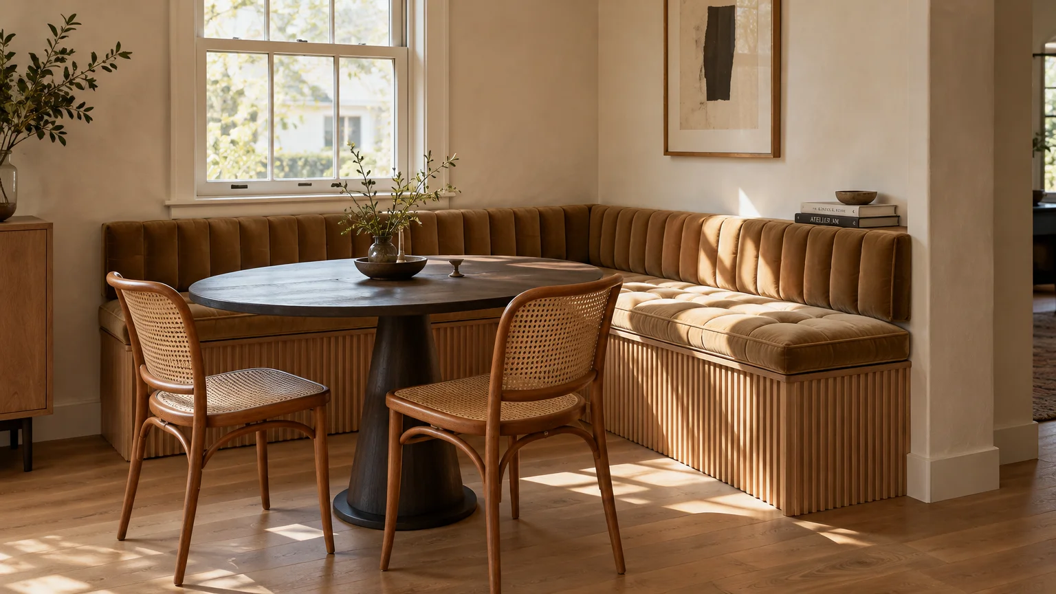 Corner dining nook with a fluted banquette, velvet cushions, round dark wood table, and two cane chairs.