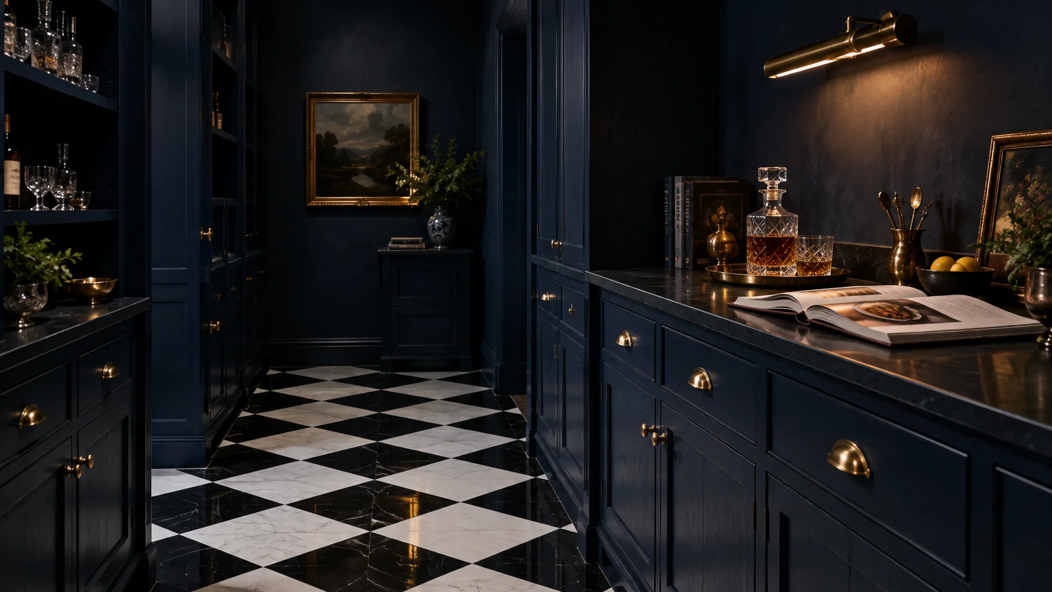 Dark navy hallway lined with custom cabinetry, brass hardware, and a glossy black-and-white checkered marble floor.