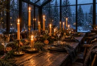 Candlelit rustic holiday dining table inside a glass greenhouse overlooking a snowy pine forest at night.