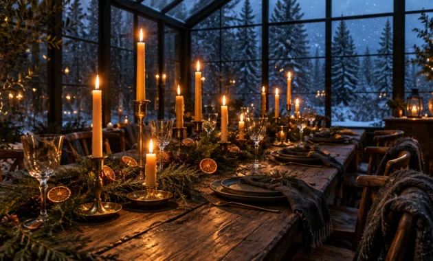Candlelit rustic holiday dining table inside a glass greenhouse overlooking a snowy pine forest at night.