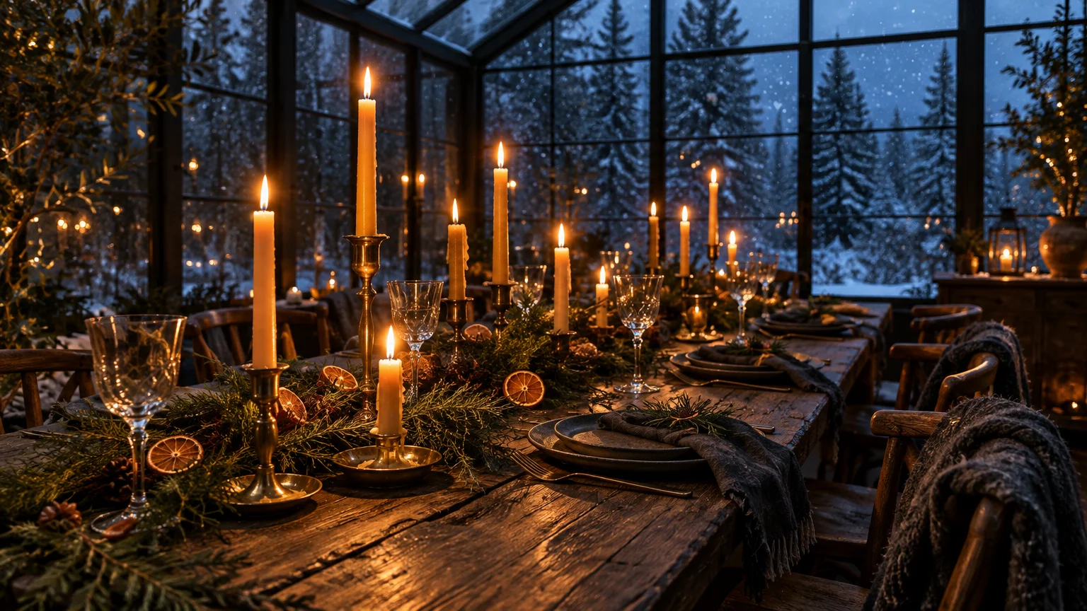 Candlelit rustic holiday dining table inside a glass greenhouse overlooking a snowy pine forest at night.