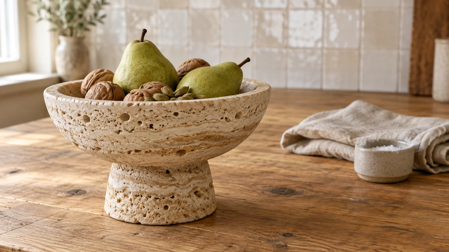 Carved travertine pedestal bowl holding green pears and walnuts on a rustic wooden table next to a folded linen cloth.
