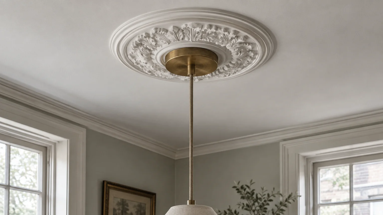 Ornate white plaster ceiling medallion surrounding a brass canopy for a hanging pendant light in a classical room.
