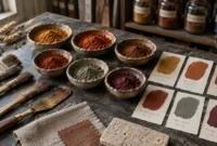 Ceramic bowls of colored pigment powders next to paint swatches, brushes, palette knives, and linen swatches on a wood table.