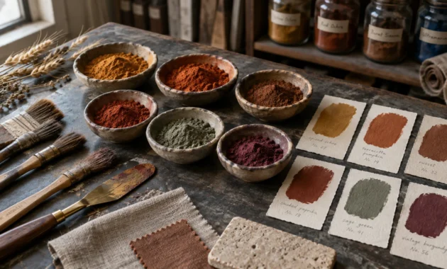 Ceramic bowls of colored pigment powders next to paint swatches, brushes, palette knives, and linen swatches on a wood table.