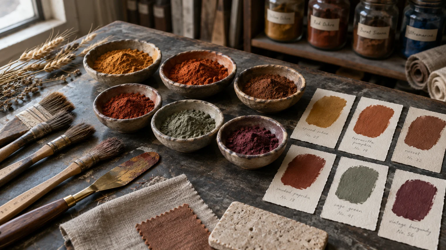 Ceramic bowls of colored pigment powders next to paint swatches, brushes, palette knives, and linen swatches on a wood table.