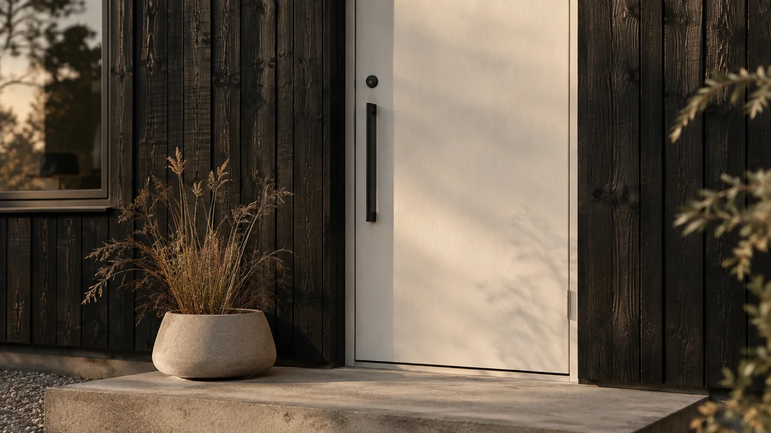 Modern chalk white front door with a black handle set against charred black wood siding and a concrete porch step.