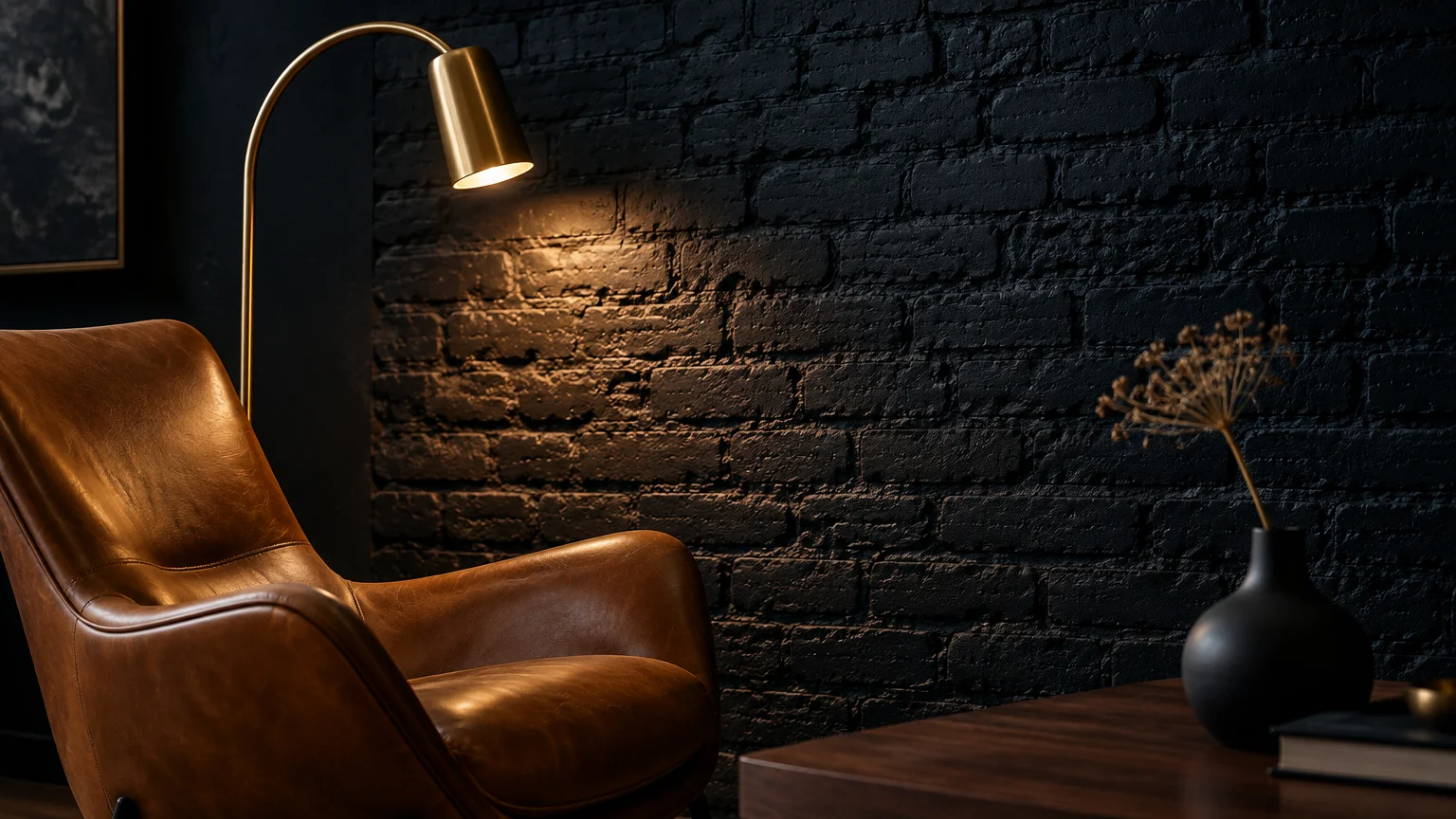 Brown leather armchair beside a brass floor lamp against a black painted brick wall in a moody room.