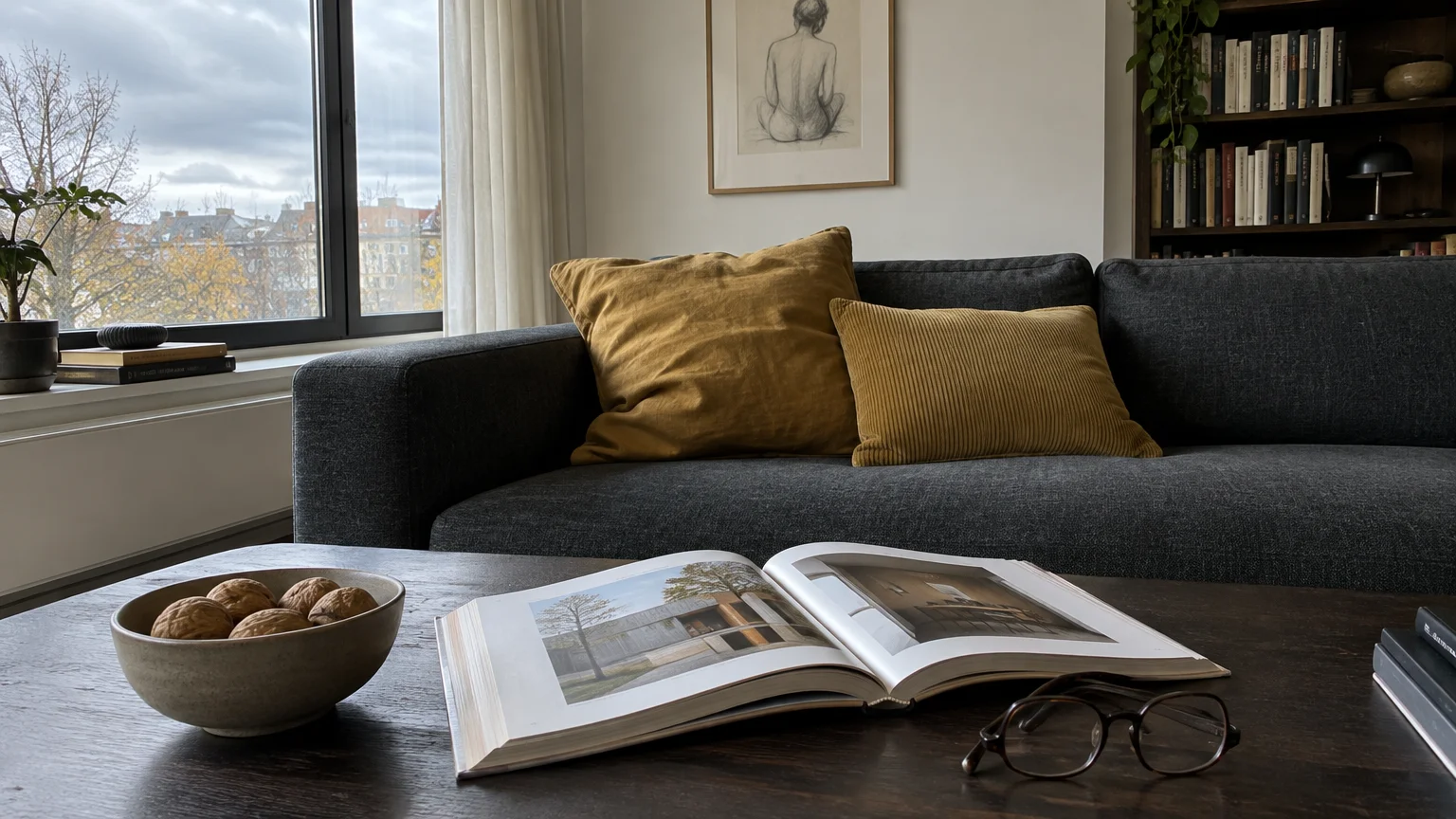 Dark gray sofa with mustard-yellow cushions behind a coffee table holding an open art book, walnuts, and glasses.