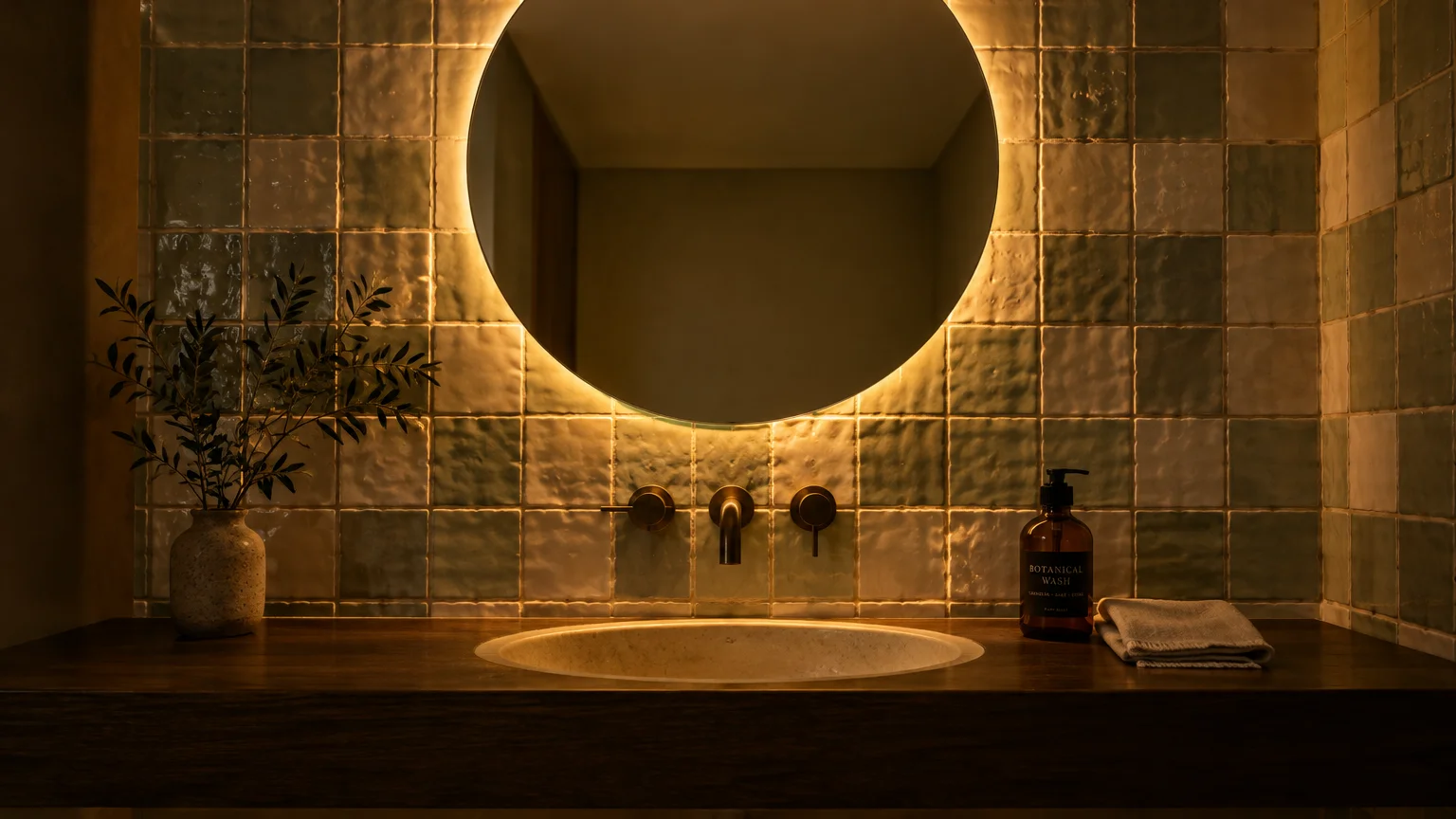Round backlit mirror glowing above a tiled wall, wooden vanity, brass faucet, and wash bottle.