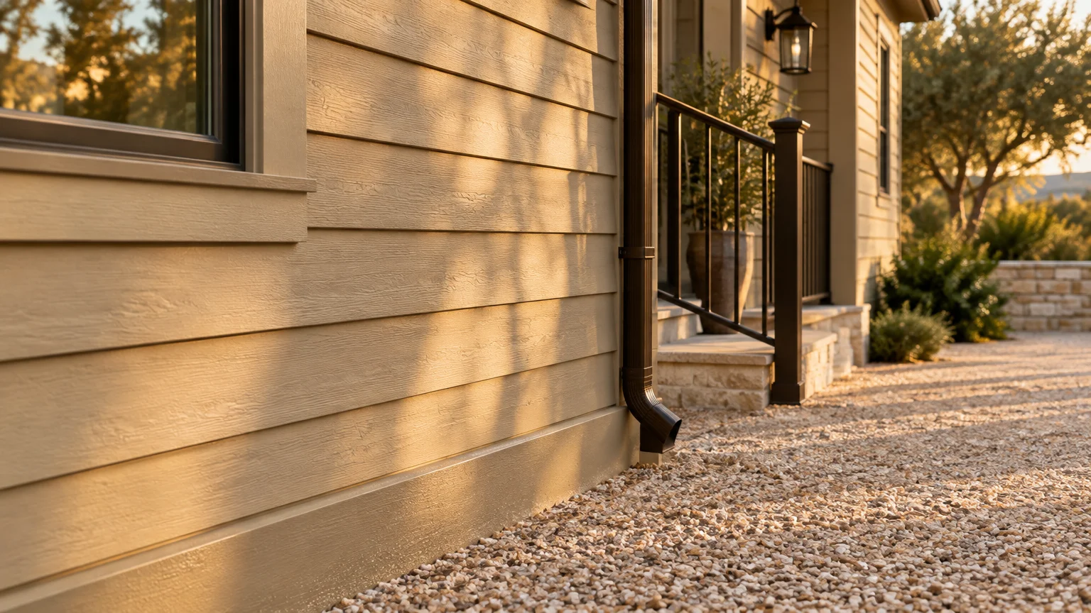 Exterior beige lap siding above a gravel driveway, featuring a dark downspout, window trim, and front porch steps in sunlight.