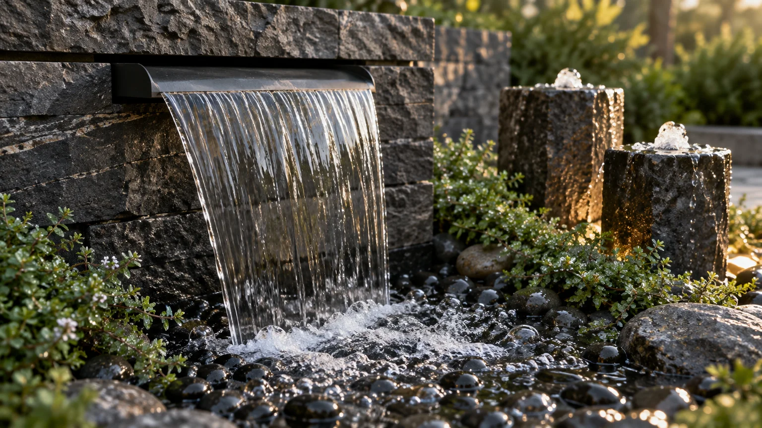 Water spillway pouring from a stone wall over dark pebbles beside two bubbling stone column fountains.