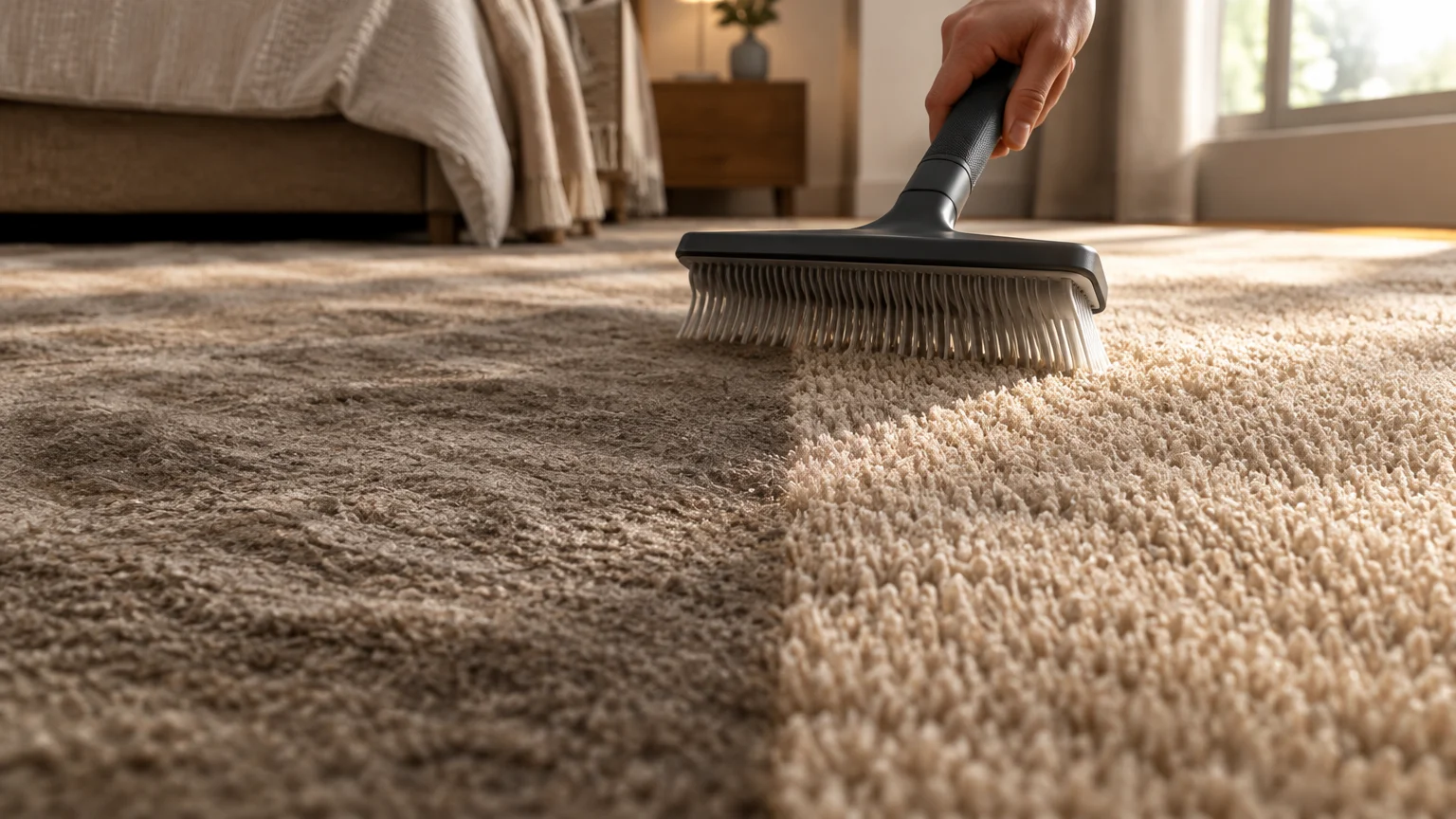 A hand holding a grooming rake across a beige carpet, showing flattened pile on the left and lifted pile on the right.