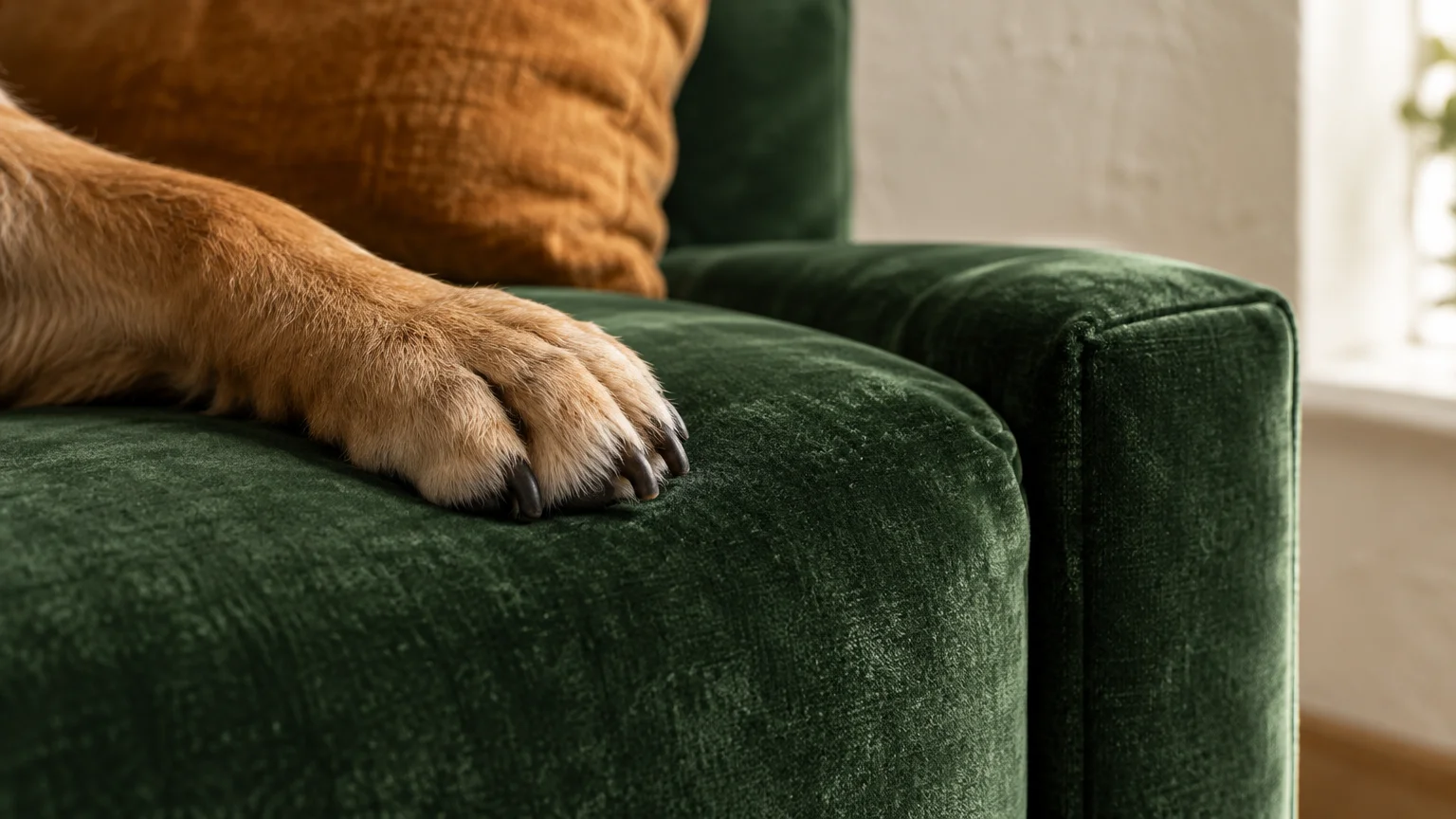 Close-up of a dog's furry paw resting on the cushion of a dark green velvet armchair beside an ochre pillow.