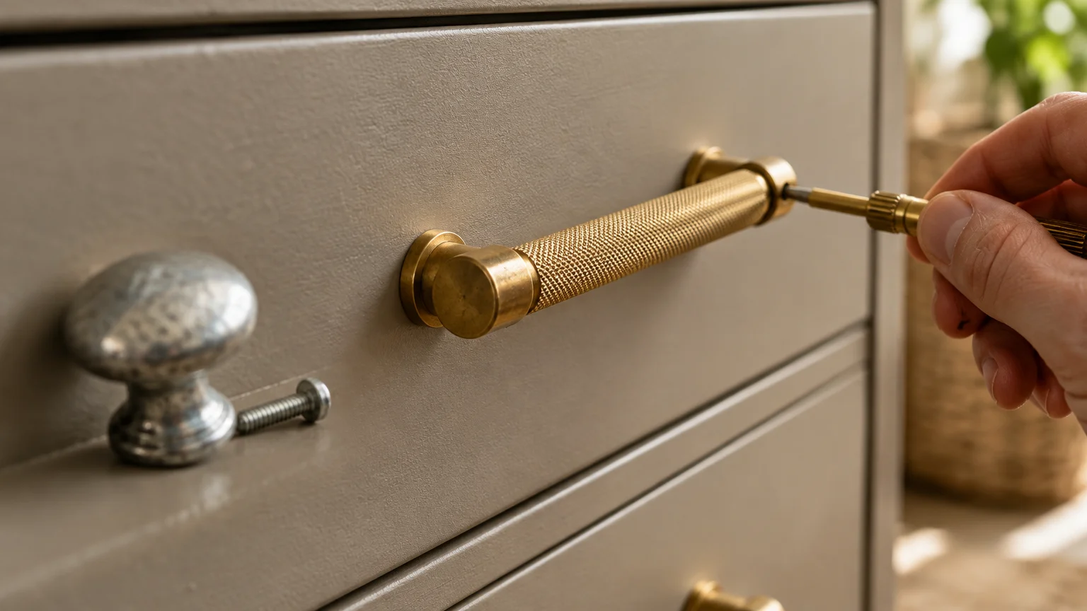 A hand screws a textured brass handle onto a beige drawer beside an old silver knob and screw.
