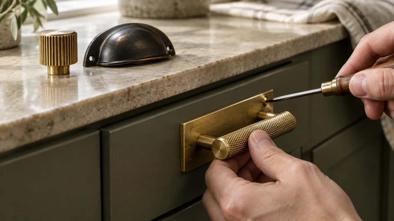 Hands installing a brass knurled handle with a backplate onto an olive green drawer using a screwdriver.