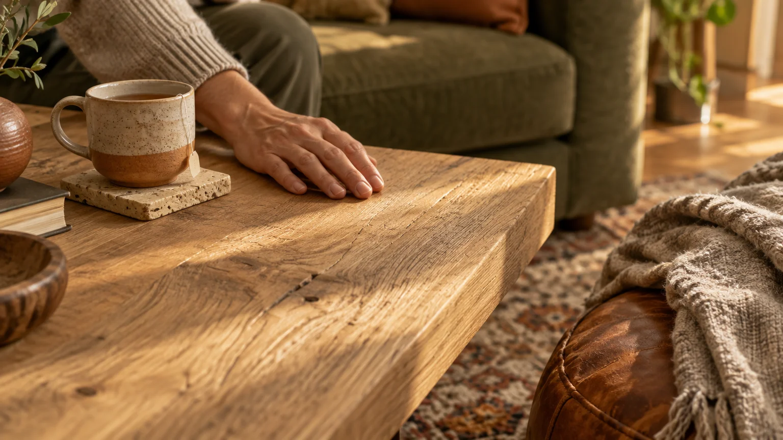 Hand resting on a rustic wooden coffee table next to a ceramic tea mug, cozy sofa, and leather pouf.