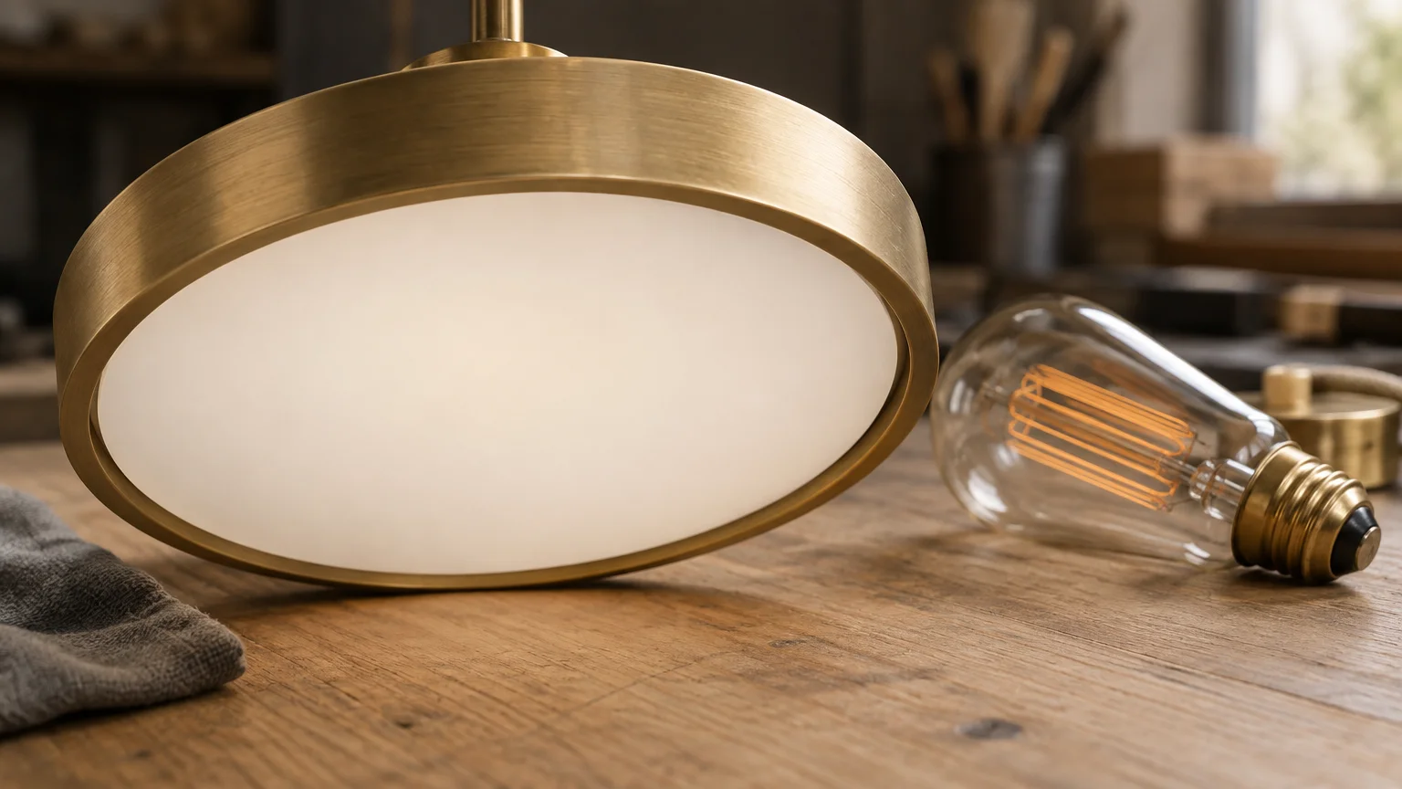 Brass ceiling fixture with a glowing frosted diffuser resting beside an unlit Edison bulb on a wood table.