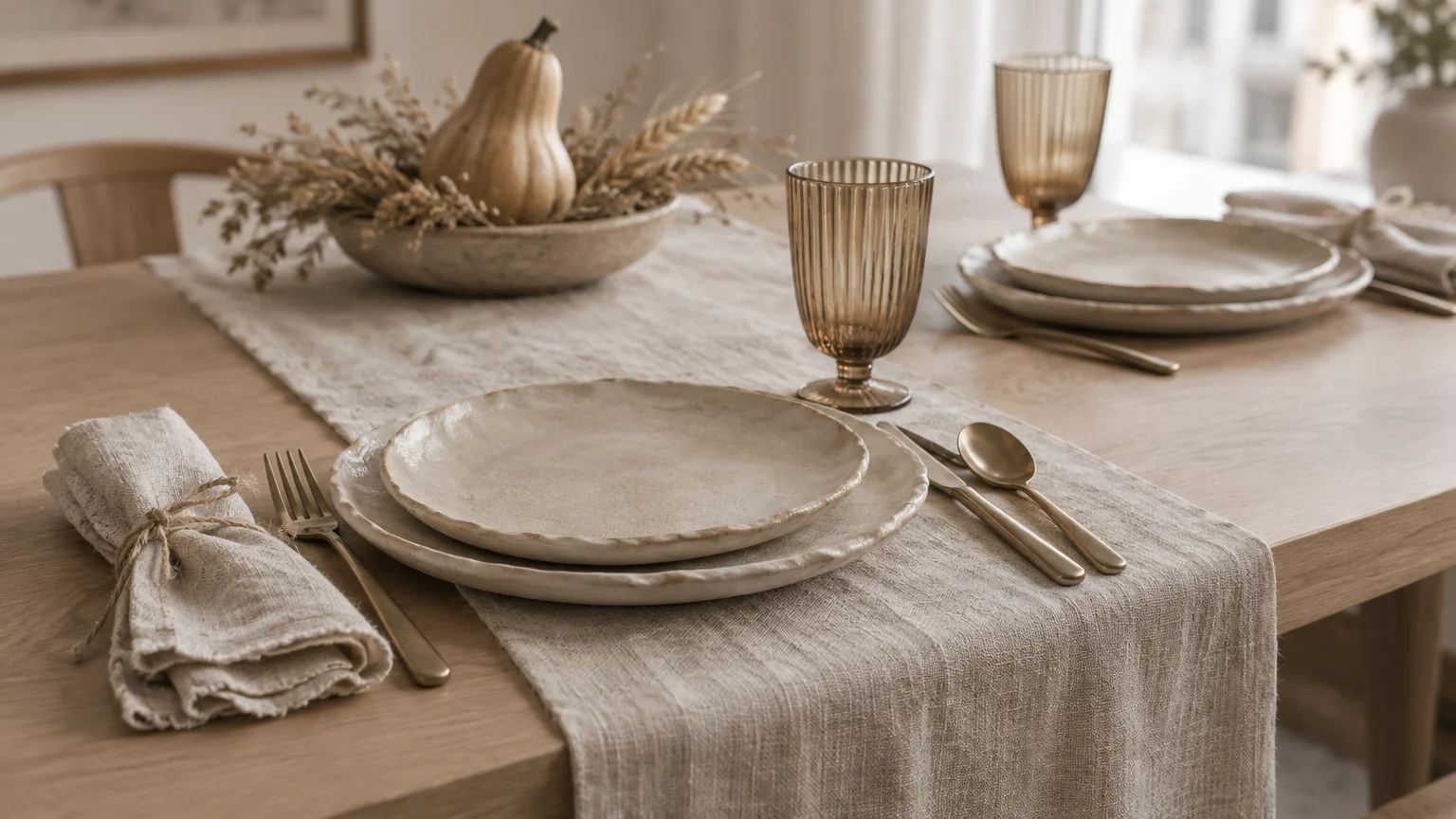 Wooden dining table set with beige ceramic plates, a linen runner, amber glasses, and a squash centerpiece.